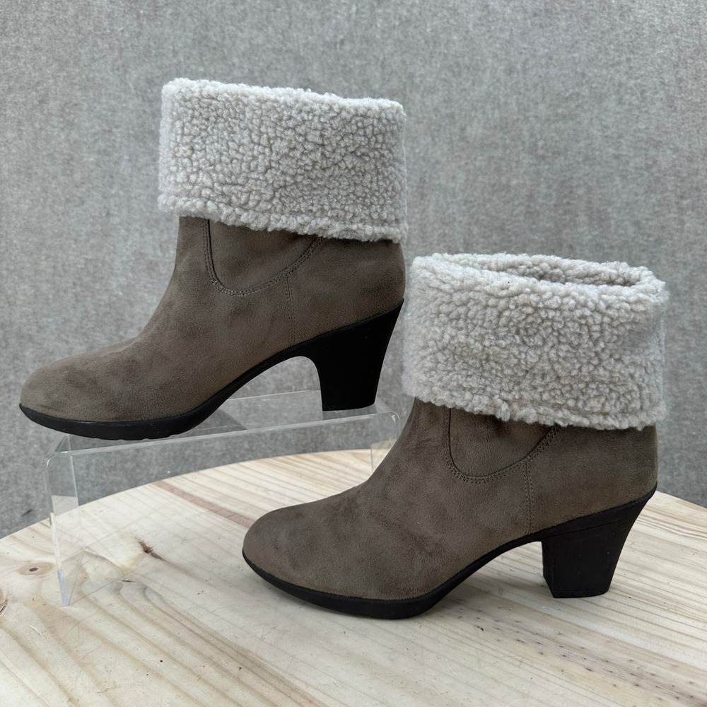 Aubrey Lynn Ankle Boots Womens 7.5 Brown Faux Suede Shearling Cuffed Block Heel